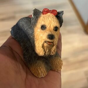 Vtg Stone Critters Baby Yorkie Figurine SCB107 United Design Dog Red Bow Yorkie